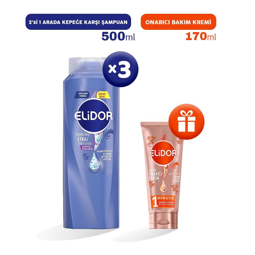 Elidor 2'si 1 Arada Şampuan Kepeğe Karşı 500 ml x 3, Bakım Kremi Hediyeli