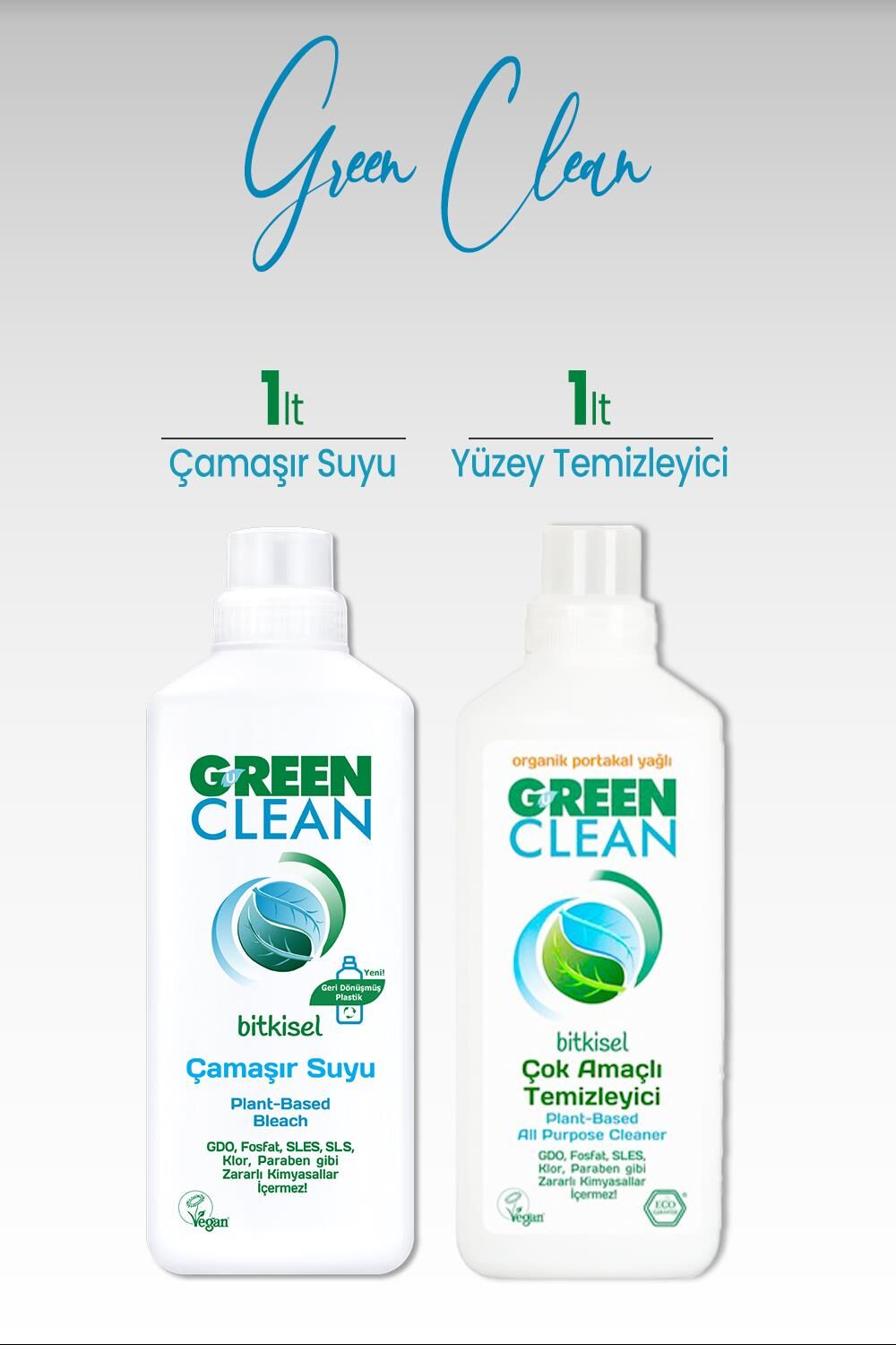 U Green Clean Bitkisel Çamaşır Suyu 1 L ve Yüzey Temizleyici 1 L