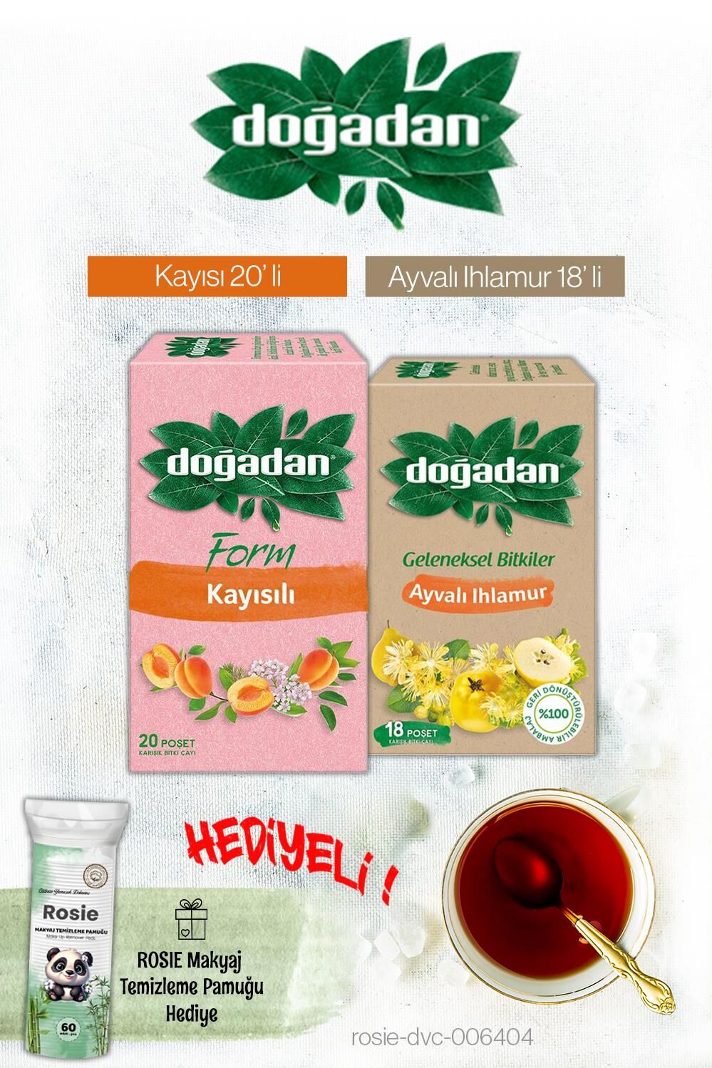 Doğadan Kayısılı ve Ayvalı Ihlamur Poşet Çay ve Rosie Hediyeli