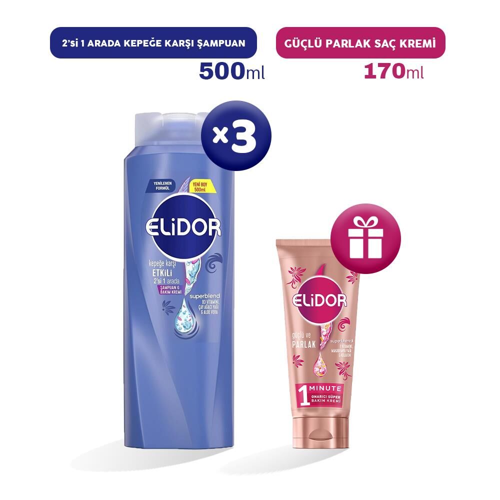 Elidor 2'si 1 Arada Şampuan Kepeğe Karşı 500 ml x 3, Bakım Kremi Hediyeli