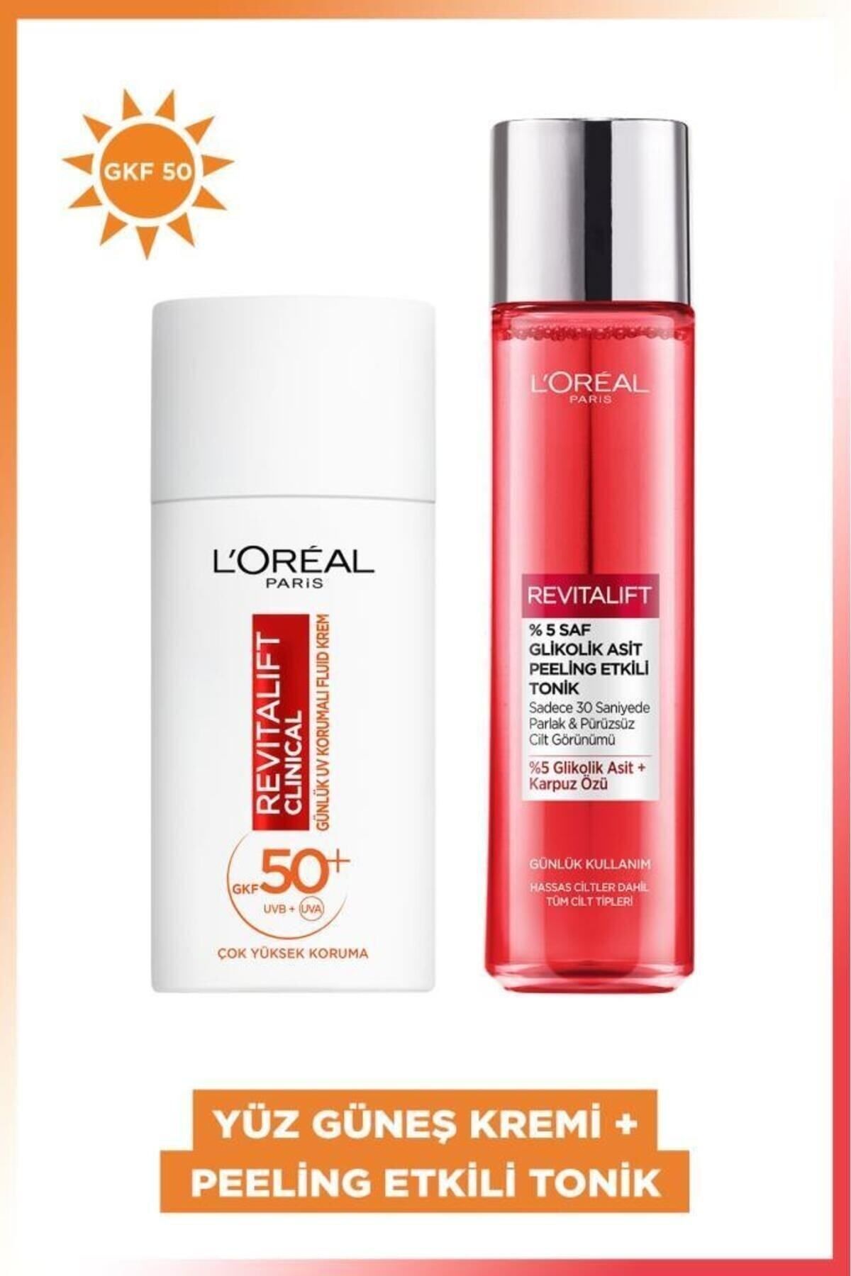 L'Oreal Paris Revitalift Clinical Spf 50+ Yüz Güneş Kremi 50ml & %5 Saf Glikolik Asit Peeling Etkili Tonik 180 ml