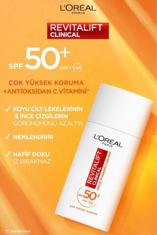 L'Oreal Paris Revitalift Clinical Spf 50+ Yüz Güneş Kremi 50ml & %5 Saf Glikolik Asit Peeling Etkili Tonik 180 ml