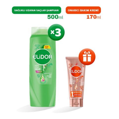Elidor Şampuan Sağlıklı Uzayan Saçlar 500 ml x 3, Bakım Kremi Hediyeli