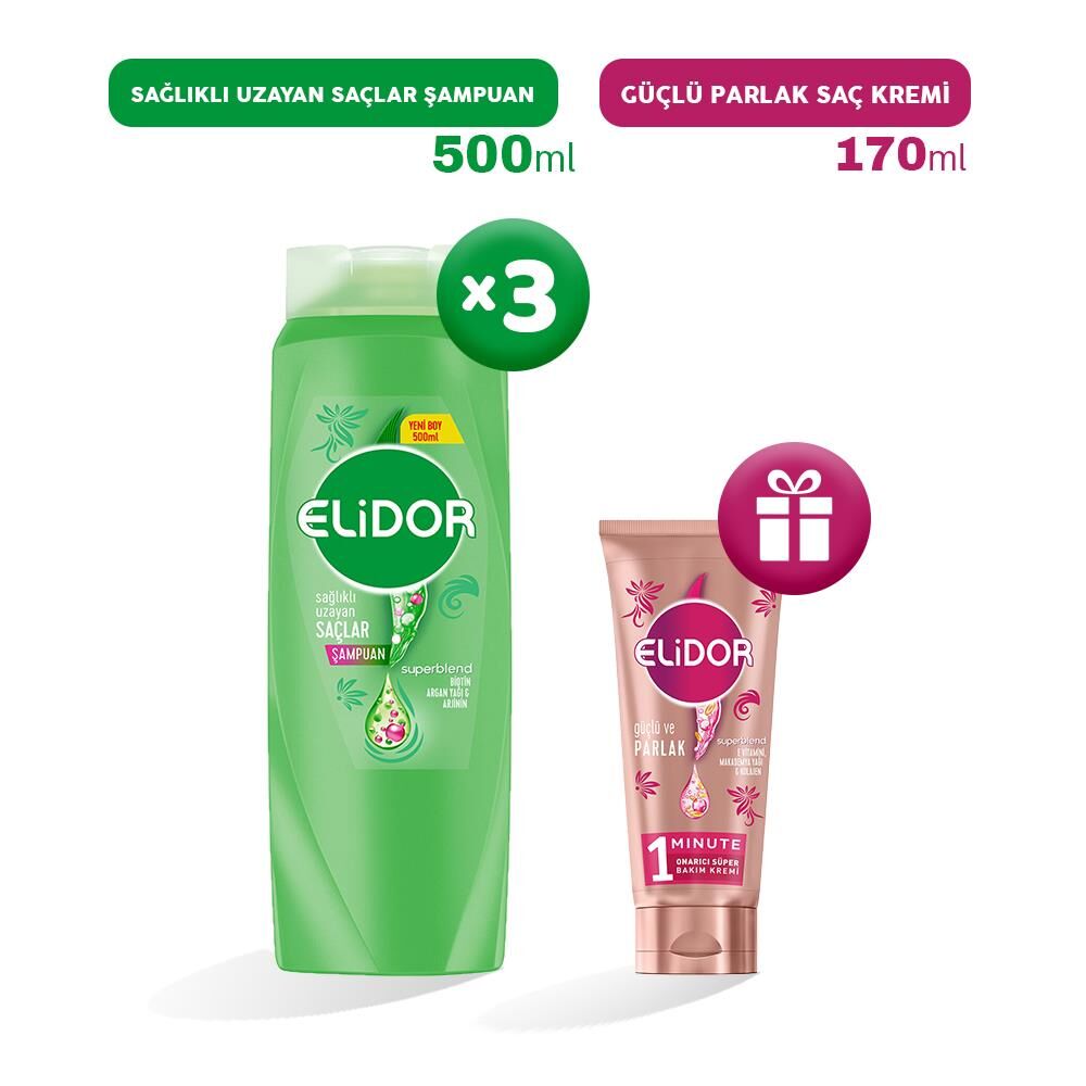 Elidor Şampuan Sağlıklı Uzayan Saçlar 500 ml x 3, Bakım Kremi Hediyeli