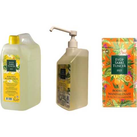 Eyüp Sabri Tuncer Limon Kolonyası Yedek ve Sprey Şişe 1 Lt, Bodrum Mandalinası Mendil