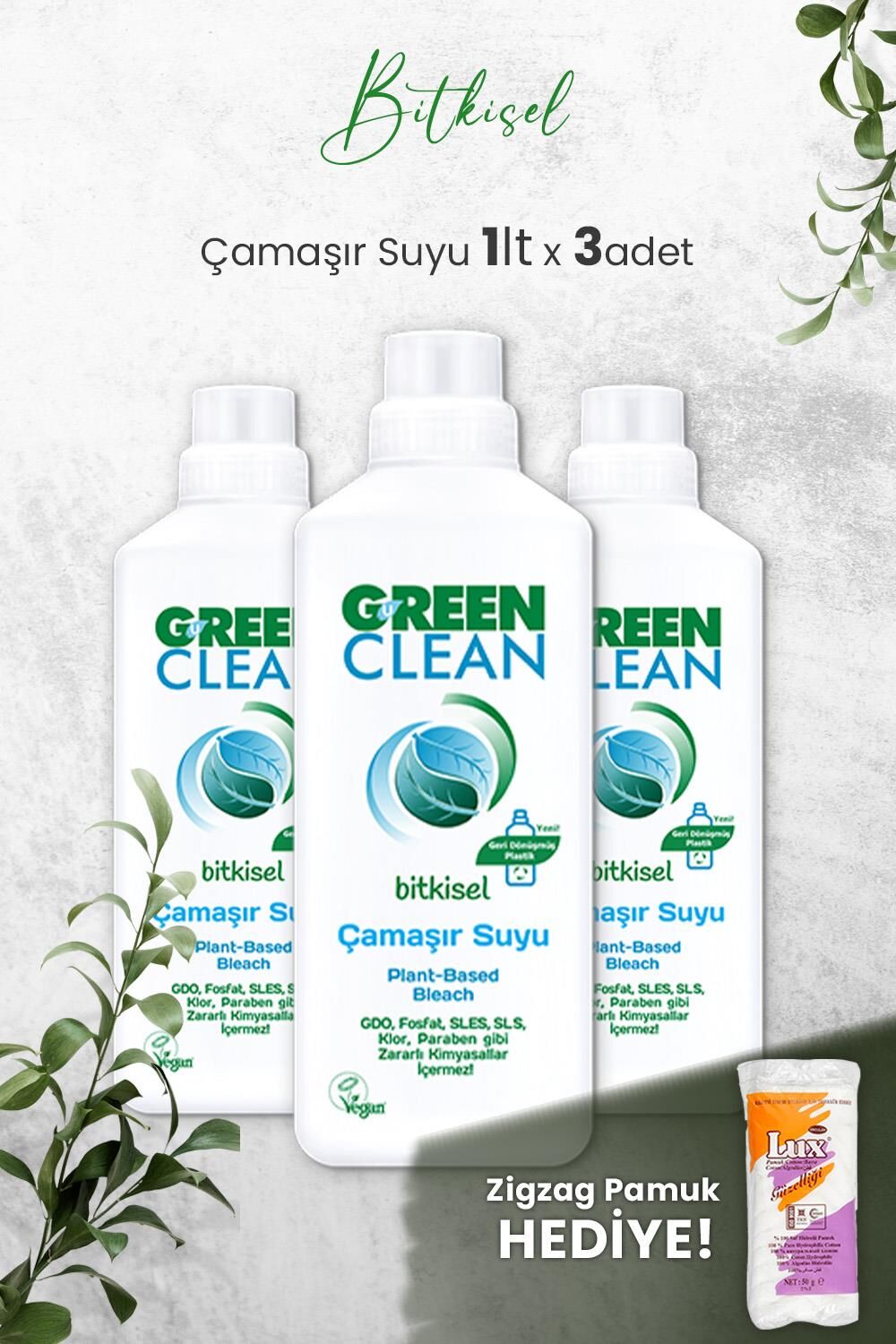 U Green Clean Bitkisel Çamaşır Suyu 1 L x 3 Adet ve Hediyeli