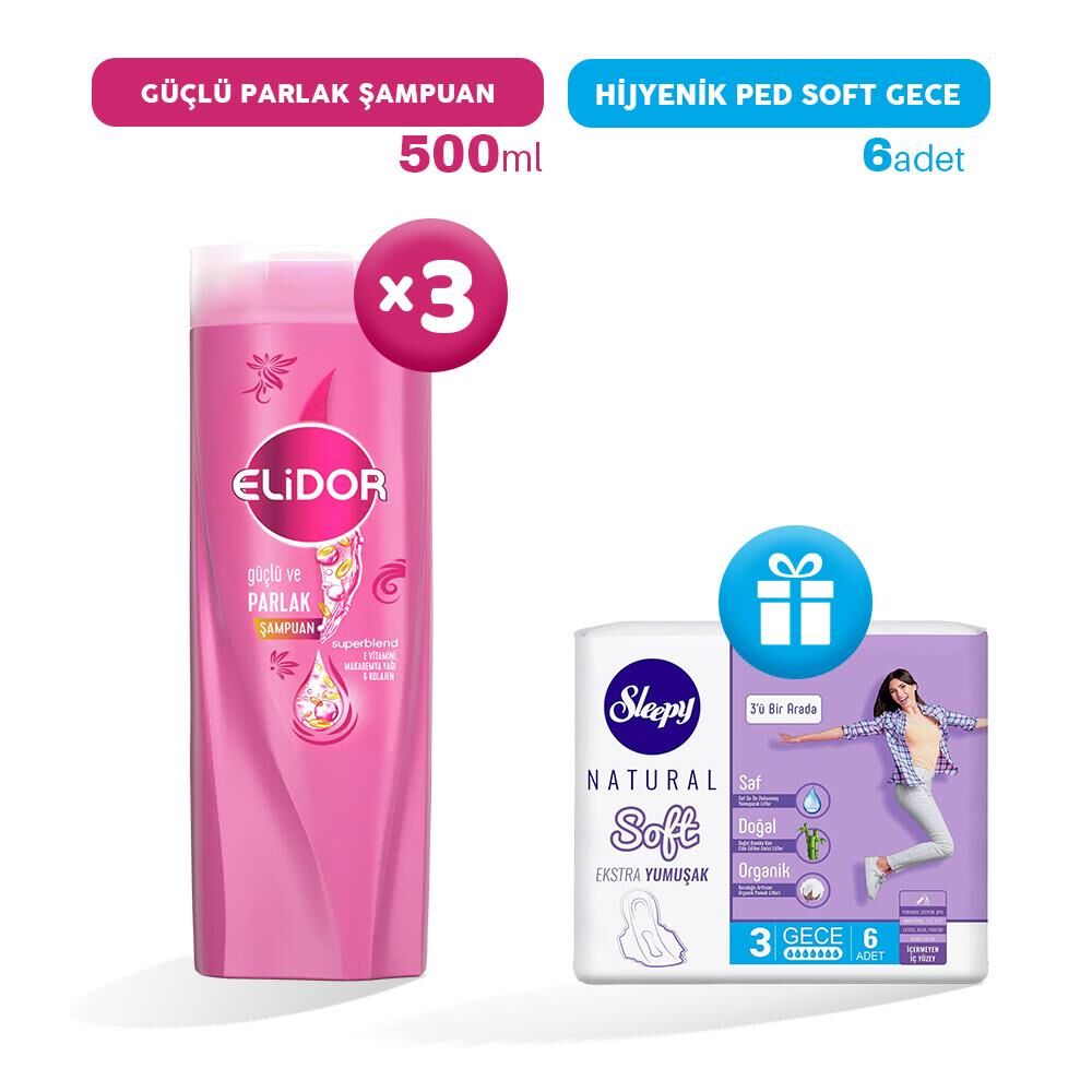 Elidor Şampuan Güçlü ve Parlak 500 ml x 3, Hijyenik Ped Gece 6'lı Hediye