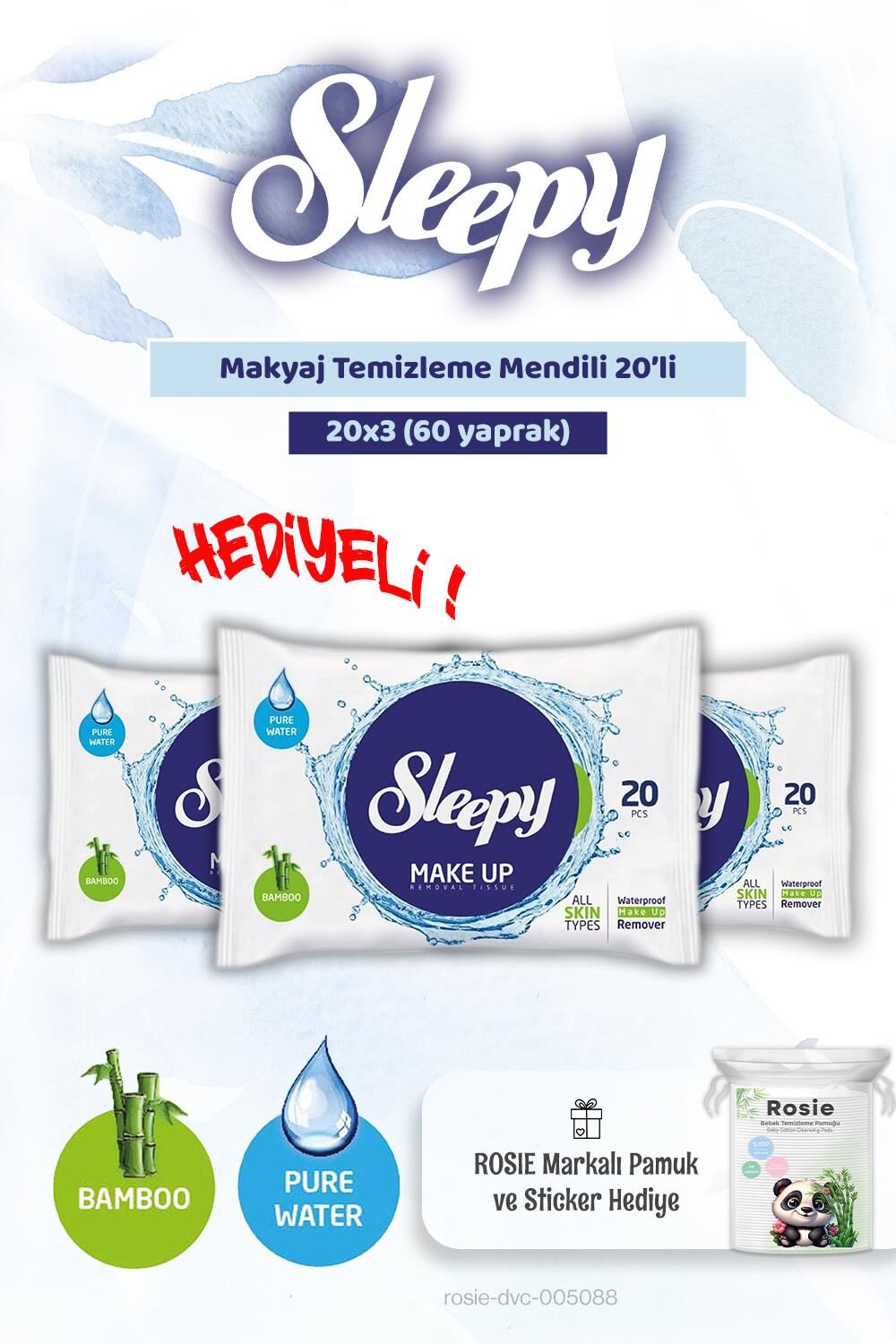 Sleepy 3 adet Makyaj Temizleme Mendili 20'li ve Rosie Pamuk