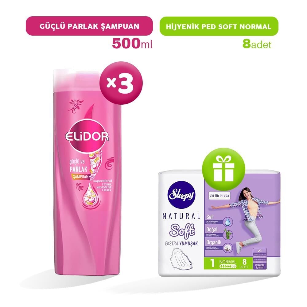 Elidor Şampuan Güçlü ve Parlak 500 ml x 3, Hijyenik Ped Normal 8'li Hediye
