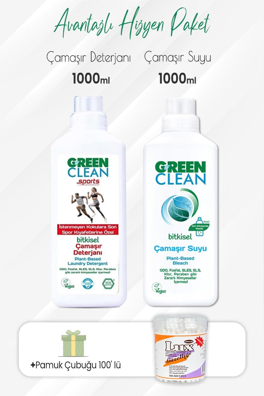 Green Clean Sports Çamaşır Deterjanı, Çamaşır Suyu 1000 ml ve Pamuk Çubuğu