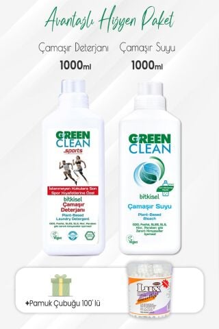 Green Clean Sports Çamaşır Deterjanı, Çamaşır Suyu 1000 ml ve Pamuk Çubuğu