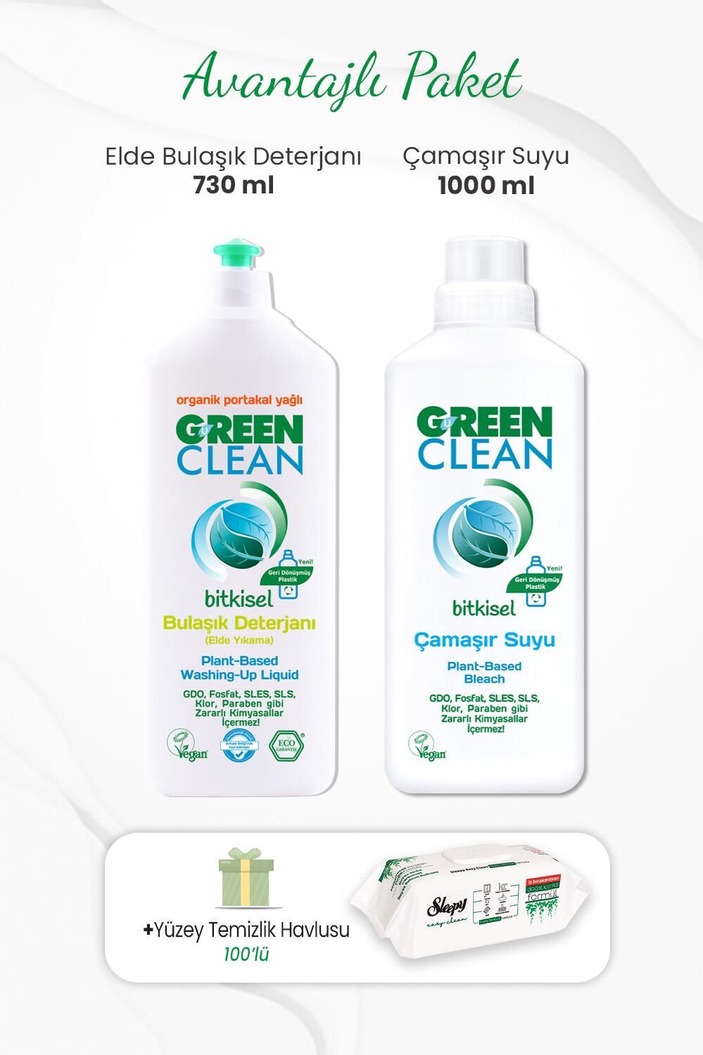 Green Clean Bulaşık Deterjanı 730 ml, Çamaşır Suyu 1000 ml ve Yüzey Temizlik Havlusu 100'lü