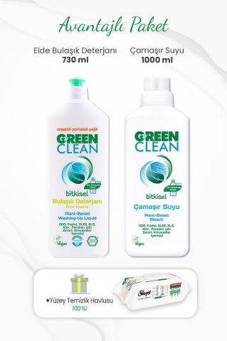 Green Clean Bulaşık Deterjanı 730 ml, Çamaşır Suyu 1000 ml ve Yüzey Temizlik Havlusu 100'lü