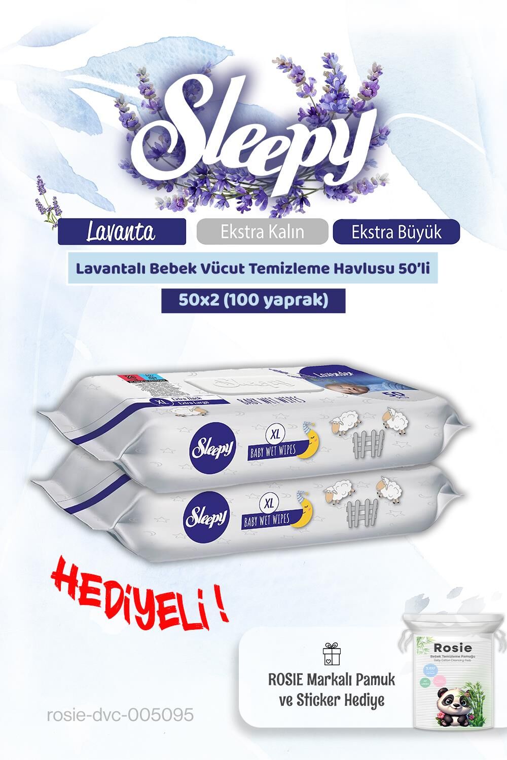 Sleepy 2 adet Lavantalı Bebek Vücut Temizleme Mendili 50'li ve Rosie Pamuk
