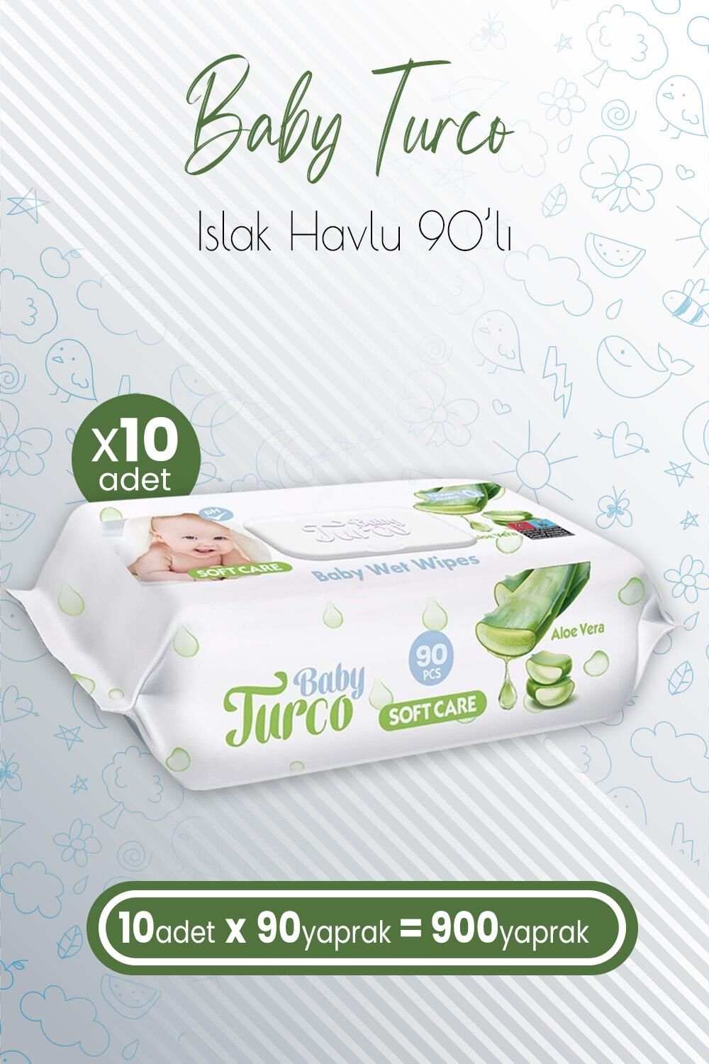 Baby Turco Soft Care Bebek Islak Havlu Aloe Vera 90' lı x 10 Adet (900 Yaprak)