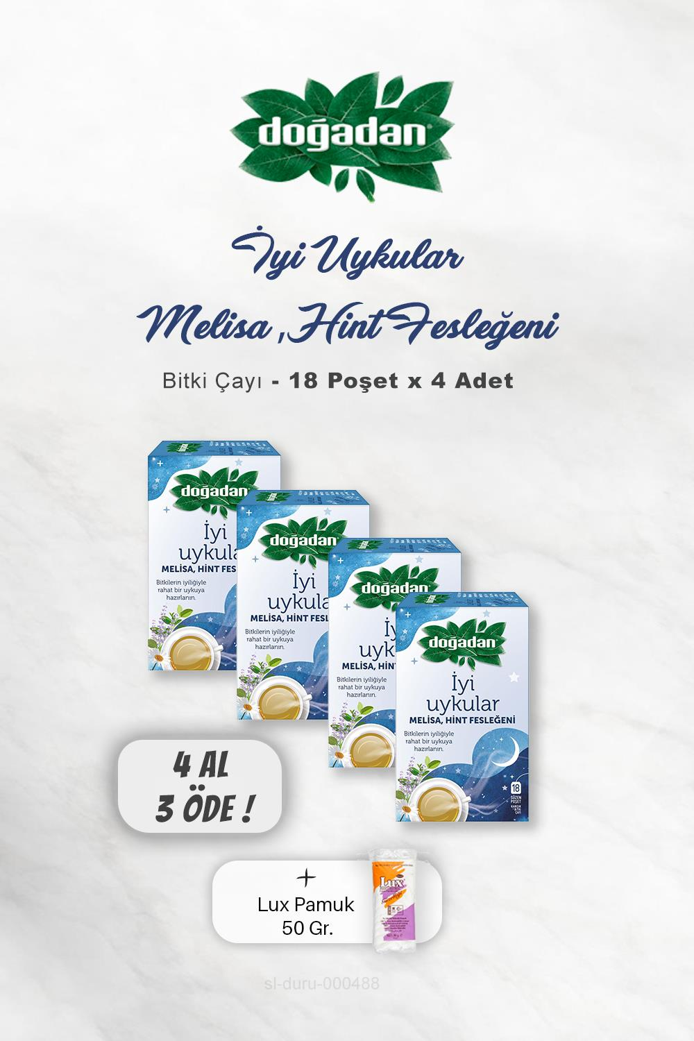4 AL 3 ÖDE Doğadan İyi Uykular Çayı Melisa ve Hint Fesleğeni, Pamuk