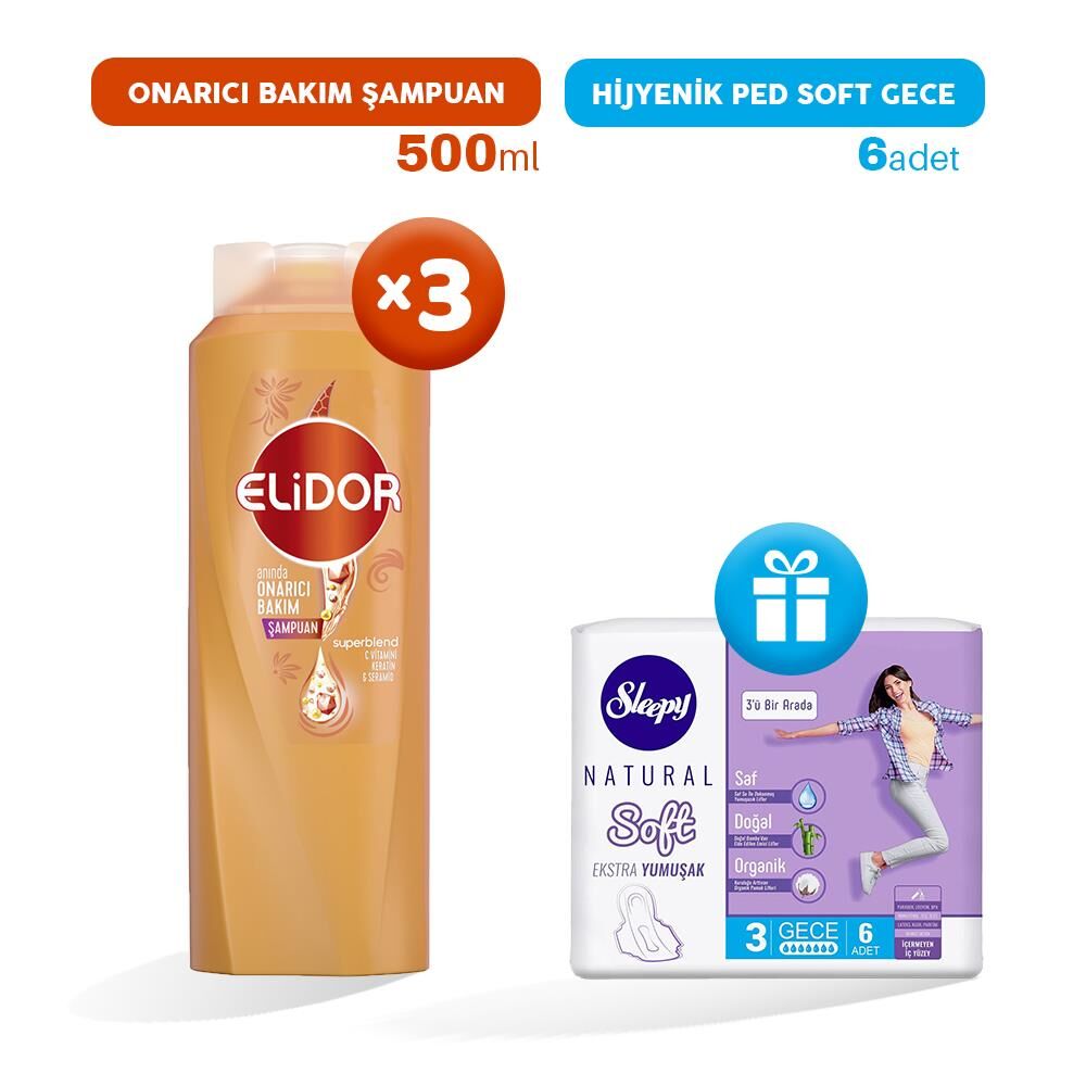 Elidor Şampuan Onarıcı Bakım 500 ml x 3, Hijyenik Ped Gece 6'lı Hediye