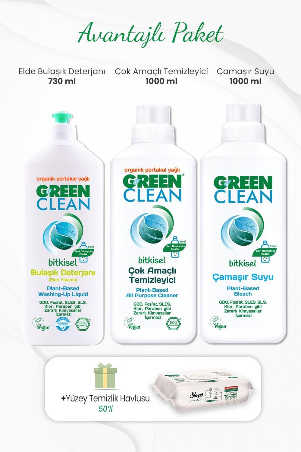 Green Clean  Çamaşır Suyu, Çok Amaçlı Temizleyici 1 lt, Bulaşık Deterjanı 730 ml ve Temizlik Havlusu 50'li