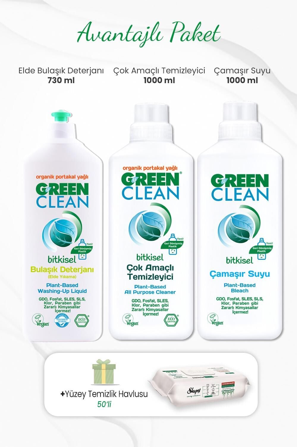 Green Clean  Çamaşır Suyu, Çok Amaçlı Temizleyici 1 lt, Bulaşık Deterjanı 730 ml ve Temizlik Havlusu 50'li
