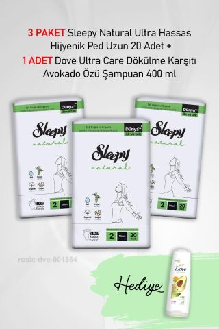 Sleepy Natural Ultra Hassas Hijyenik Ped Uzun 20 Adet X 3 ve Hediye Dove 400 ml