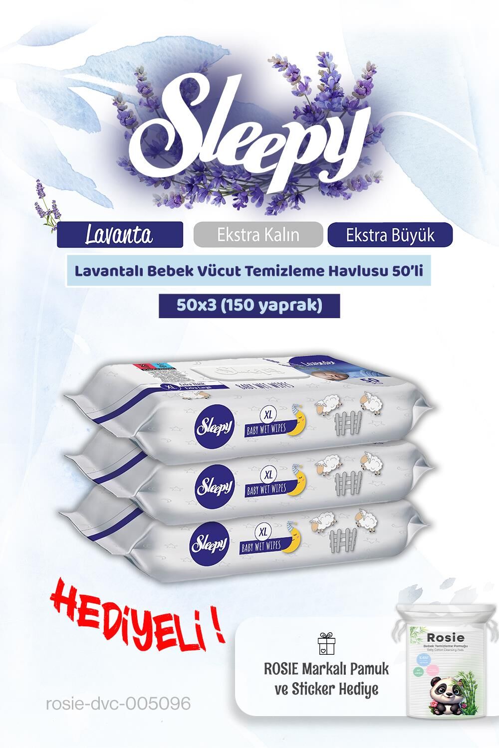 3 'lü Sleepy Lavantalı Bebek Vücut Temizleme Mendili 50'li ve Rosie Pamuk
