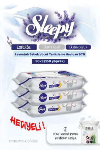 3 'lü Sleepy Lavantalı Bebek Vücut Temizleme Mendili 50'li ve Rosie Pamuk