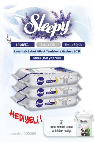 3 'lü Sleepy Lavantalı Bebek Vücut Temizleme Mendili 50'li ve Rosie Pamuk