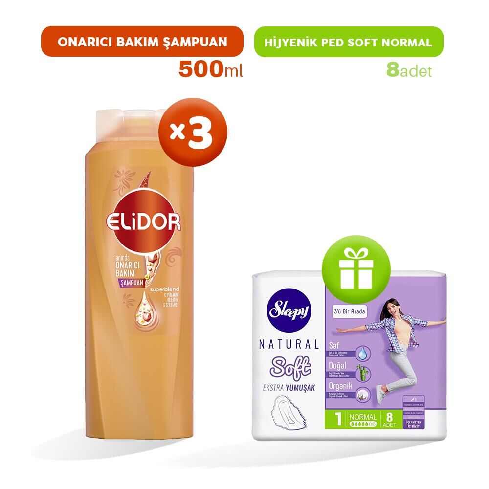 Elidor Şampuan Onarıcı Bakım 500 ml x 3, Hijyenik Ped Normal 8'li Hediye