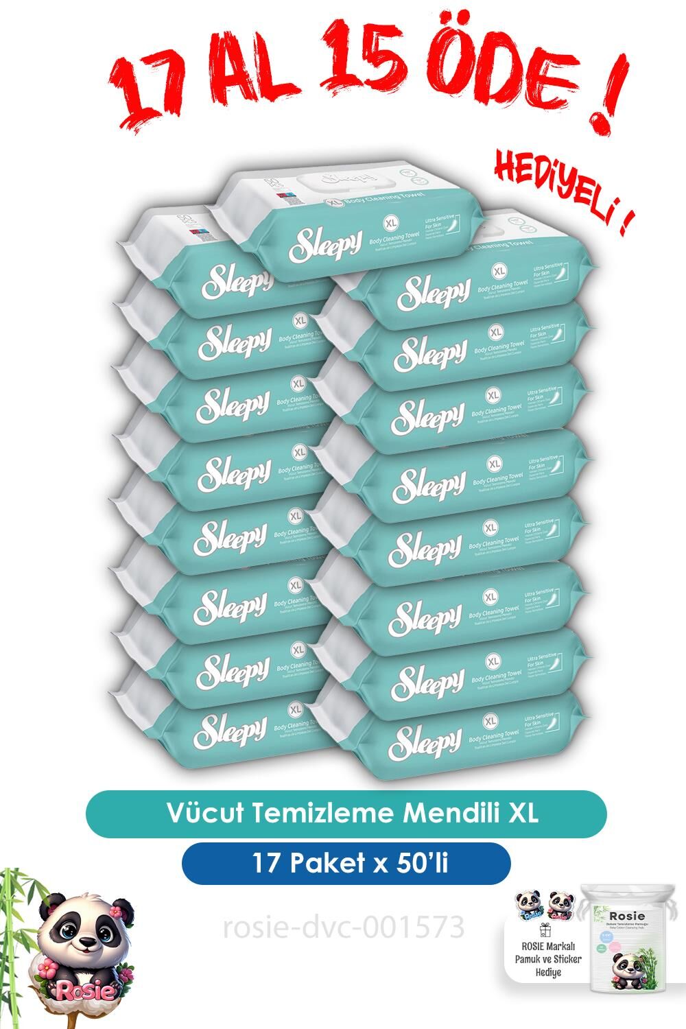 17 AL 15 ÖDE Sleepy Vücut Temizleme Mendili Xl 50''li ve ROSIE