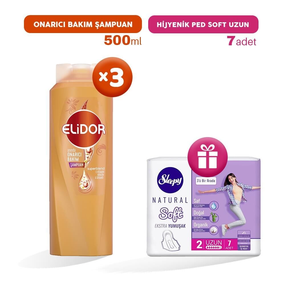 Elidor Şampuan Onarıcı Bakım 500 ml x 3, Hijyenik Ped Uzun 7'li Hediye