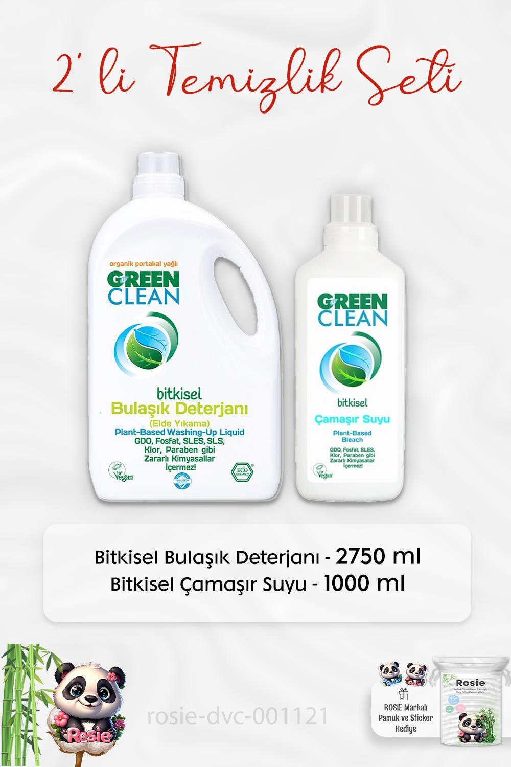 Green Clean Bulaşık Deterjanı Elde Yıkama 2750 ml, Çamaşır Deterjanı 1 lt ve ROSIE