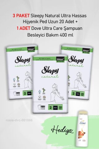 Sleepy Natural Ultra Hassas Hijyenik Ped Uzun 20 Adet X3 ve Dove Ultra Care Şampuan Besleyici Bakım 400 ml