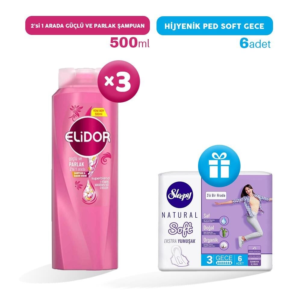 Elidor 2'si 1 Arada Şampuan Güçlü ve Parlak 500 ml x 3, Hijyenik Ped Gece 6'lı Hediye