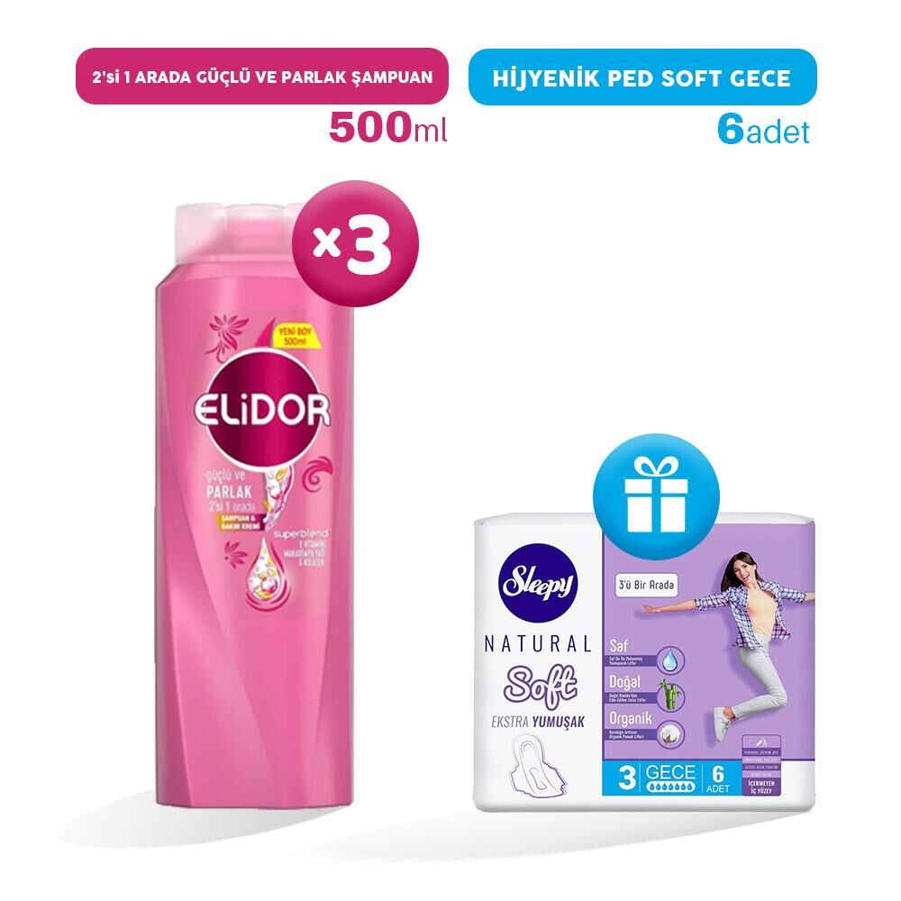 Elidor 2'si 1 Arada Şampuan Güçlü ve Parlak 500 ml x 3, Hijyenik Ped Gece 6'lı Hediye