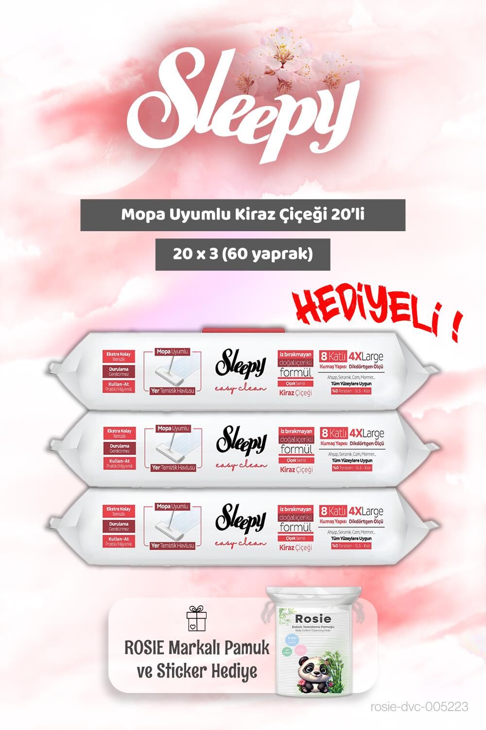 Sleepy 3 adet Mopa Uyumlu Kiraz Çiçeği 20'li ve Rosie Bebek pamuğu