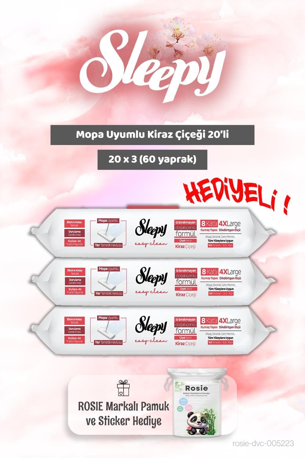 Sleepy 3 adet Mopa Uyumlu Kiraz Çiçeği 20'li ve Rosie Bebek pamuğu