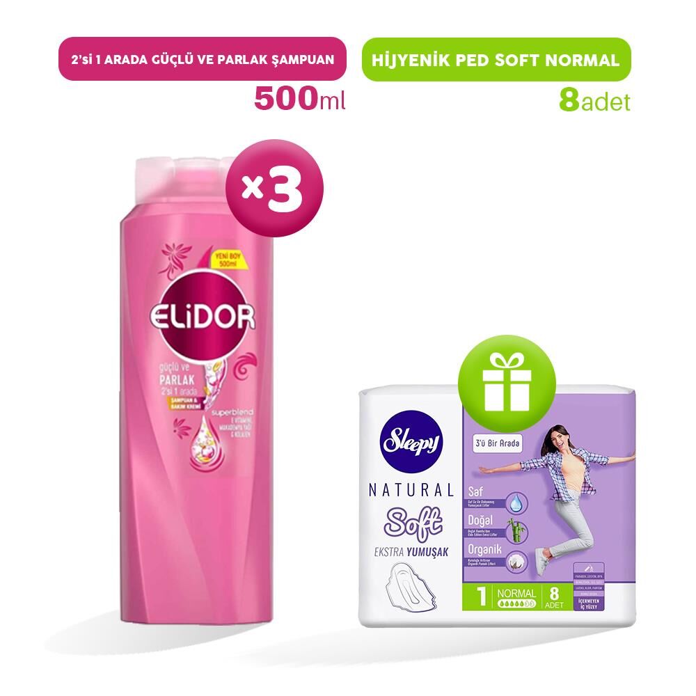 Elidor 2'si 1 Arada Şampuan Güçlü ve Parlak 500 ml x 3, Hijyenik Ped Normal 8'li Hediye