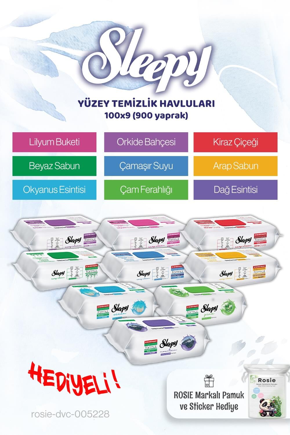 Sleepy Yüzey Temizleme Ailesi 9 x 100 (900 yaprak) ve Rosie pamuk hediye