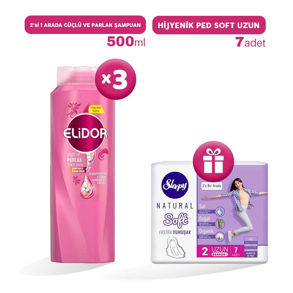 Elidor 2'si 1 Arada Şampuan Güçlü ve Parlak 500 ml x 3, Hijyenik Ped Uzun 7'li Hediye