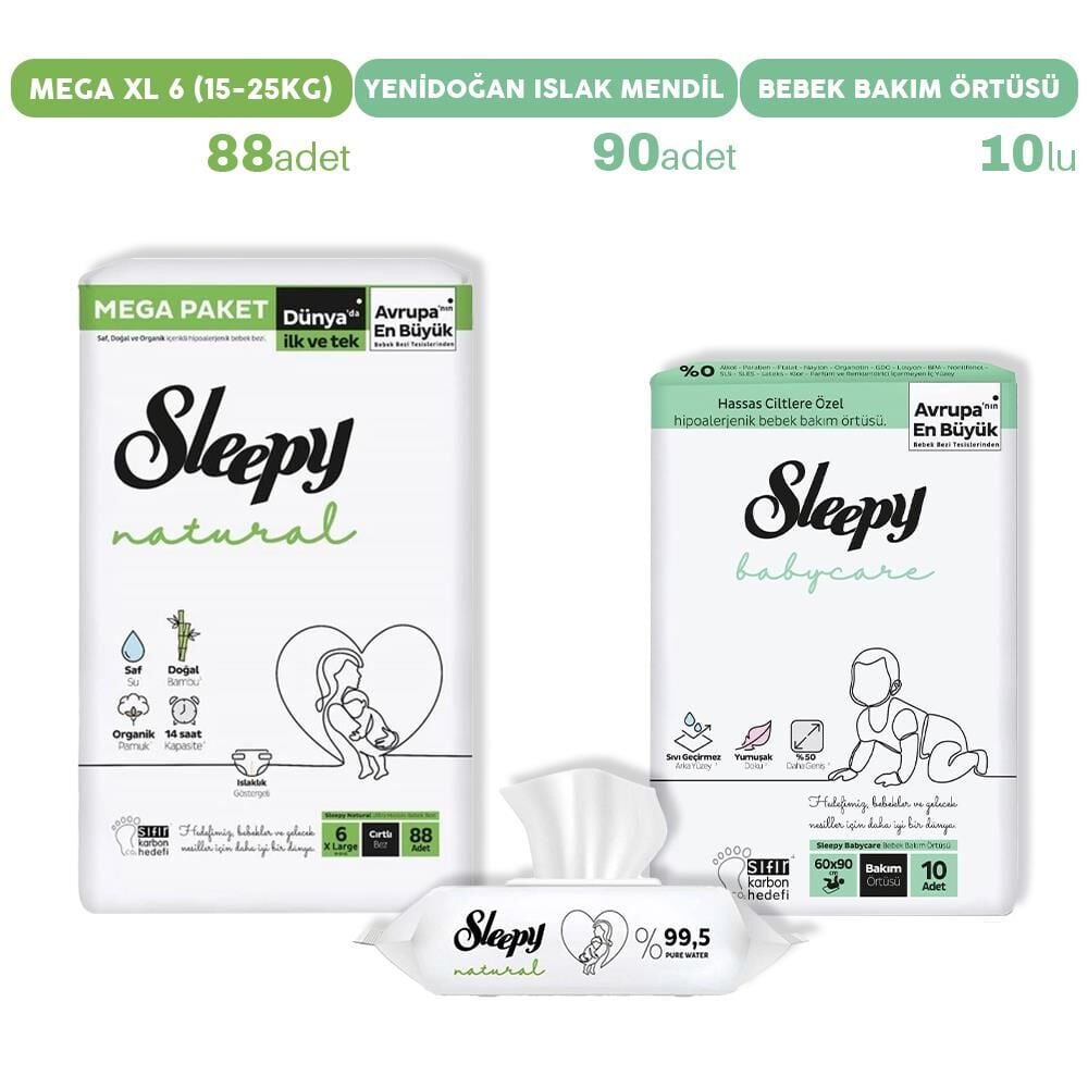 Sleepy Bebek Bezi Mega XL 6, Bakım Örtüsü ve Islak Mendil