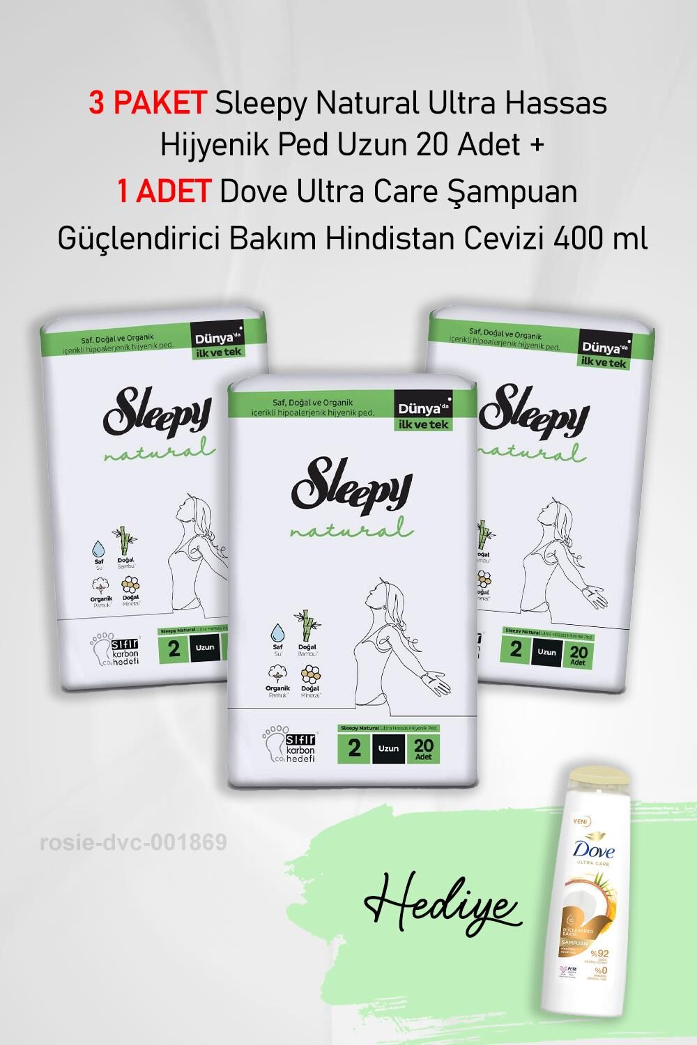 Sleepy Natural Ultra Hassas Hijyenik Ped Uzun 20 Adet X3 ve Dove Ultra Care Şampuan Güçlendirici Bakım Hindistan Cevizi 400 ml