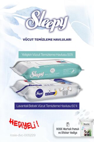 Sleepy Yetişkin ve Bebek Vücut Temizleme Havlusu 50 x 2 (100 yaprak) ve Rosie hediye