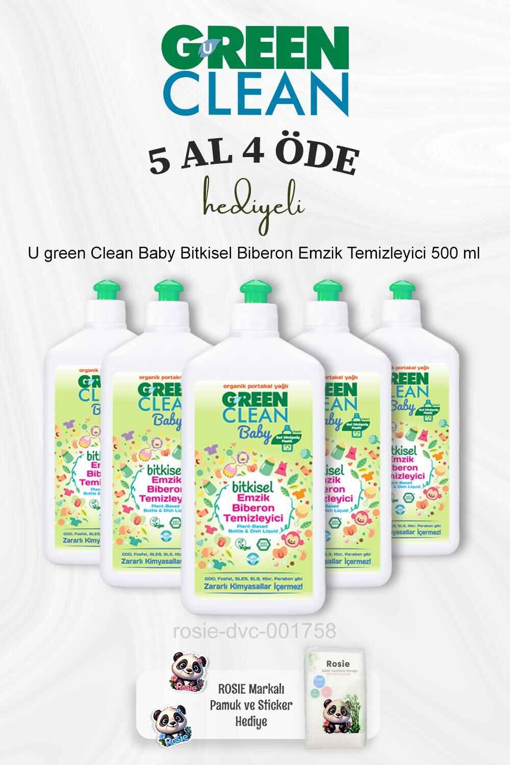 U green Clean Bebek Bitkisel Biberon Emzik Temizleyici 500 ml 5 Al 4 Öde ve Rosie Pamuk
