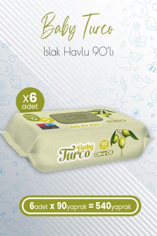 Baby Turco Bebek Islak Havlu Olive Oil 90' lı x 6 Adet (540 Yaprak)