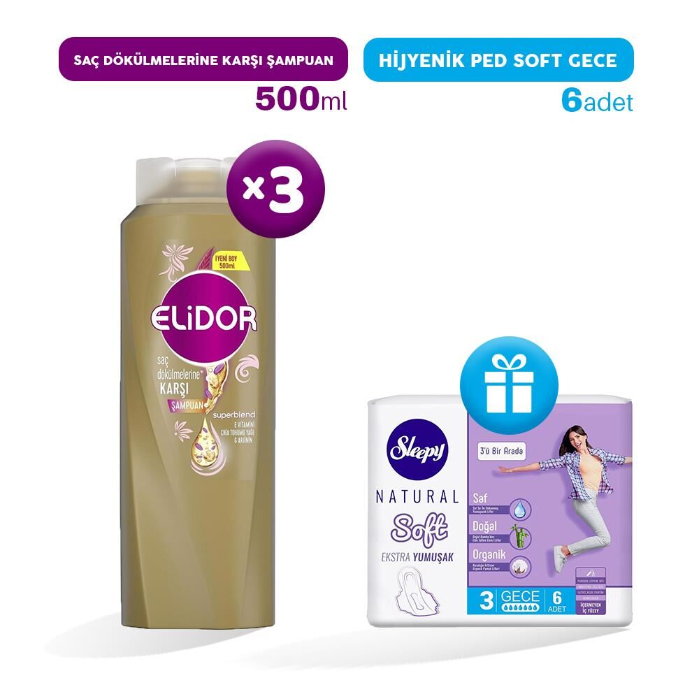Elidor Şampuan Saç Dökülmelerine Karşı 500 ml x 3, Hijyenik Ped Gece 6'lı Hediye