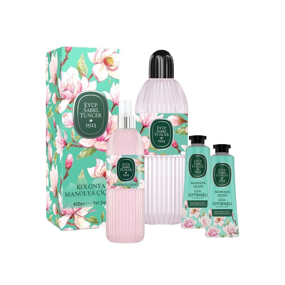 Eyüp Sabri Tuncer Manolya Çiçeği Kolonyası 400 ML, 150 ml ve 2 Adet El ve Vücut Kremi 50 ml