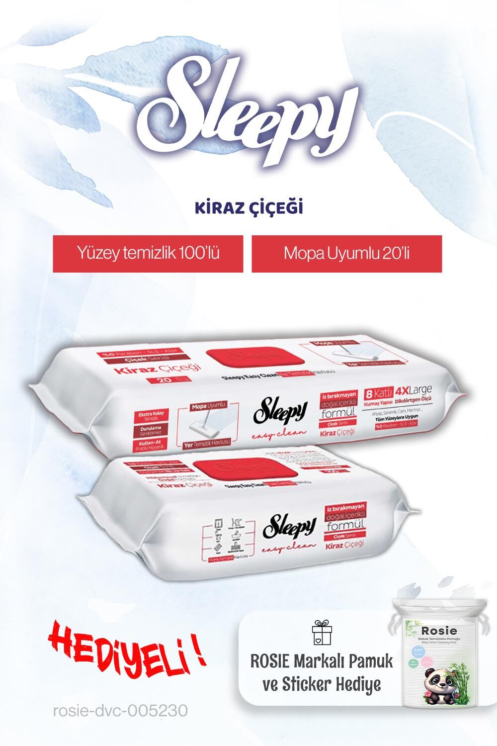 Sleepy Kiraz Çiçeği Mop ve Yüzey Havlusu, Rosie pamuk hediye