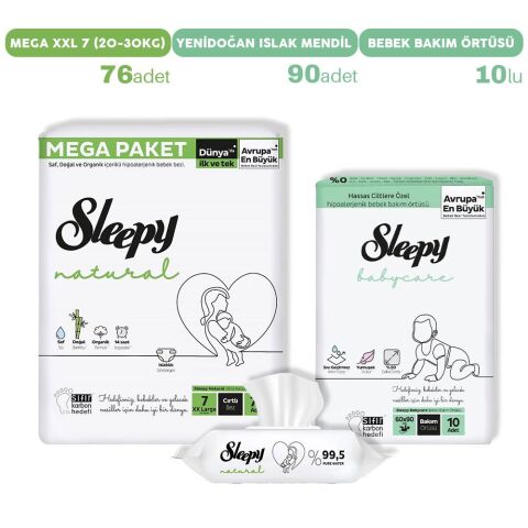 Sleepy Natural Bebek Bezi Mega XXL 7, Bakım Örtüsü ve Islak Mendil