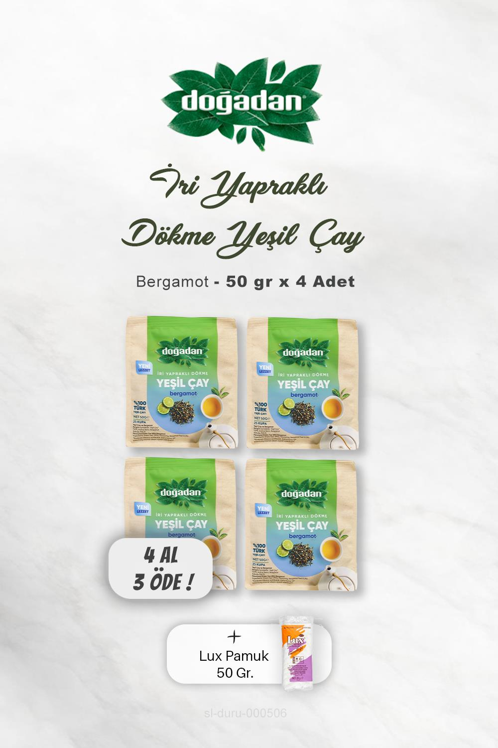 4 AL 3 ÖDE Doğadan Dökme Yeşil Çay Bergamot 50 gr, Pamuk