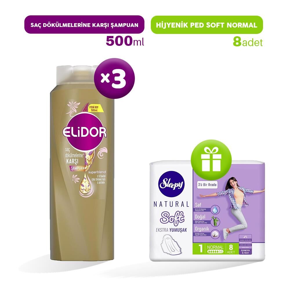 Elidor Şampuan Saç Dökülmelerine Karşı 500 ml x 3, Hijyenik Ped Normal 8'li Hediye